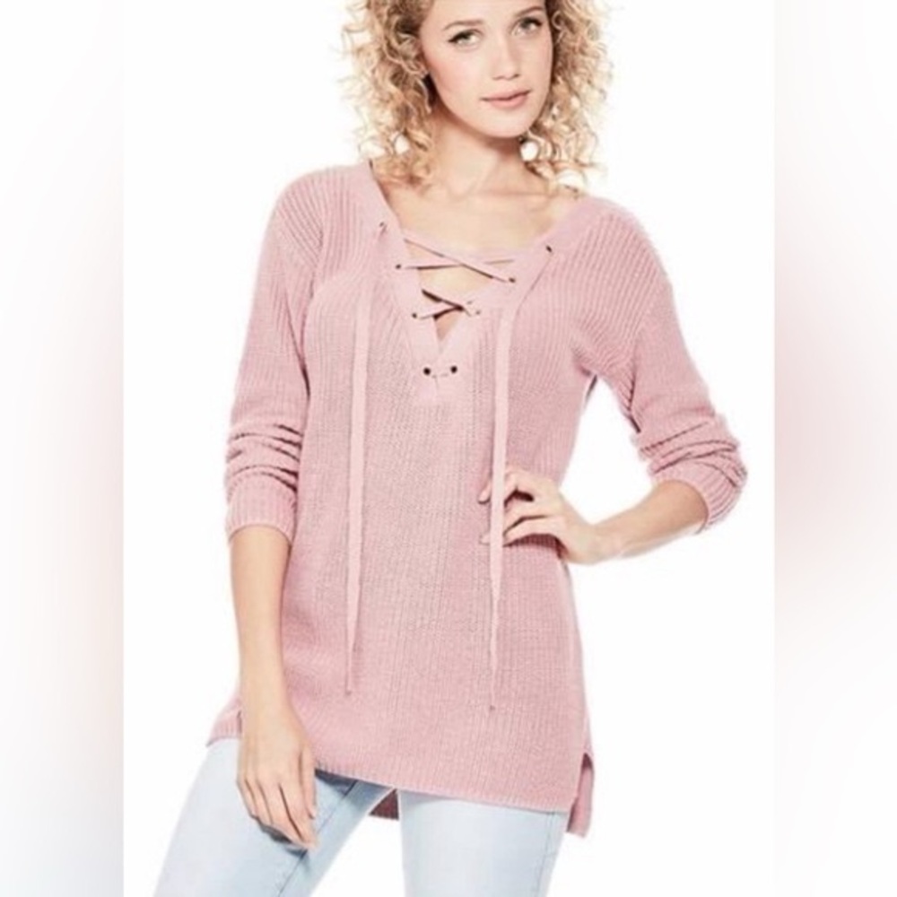 GUESS KHLOE Dusty Rose ribbed strappy V-neck criss cross boho high low sweater